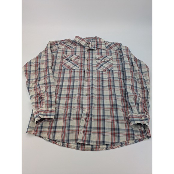 Wrangler‎ Button Up Mens Large Beige Red Twill Plaid Pearl Snap - Picture 1 of 8